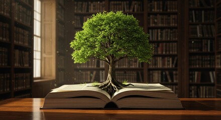 Open book with a flourishing green tree growing from its pages, surrounded by library shelves, symbolizing knowledge and growth
