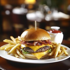A close up shot of a hamburger with fries and ketchup on a white plate