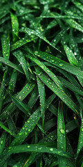 top view of green grass in the morning with water drops on it