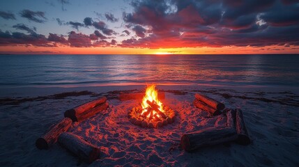A serene beach scene featuring a campfire with logs arranged in a circle. The vibrant sunset creates a beautiful backdrop over the calm ocean waters.