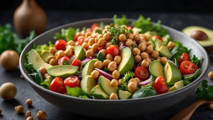 A person holds a large glass bowl filled with a colorful salad