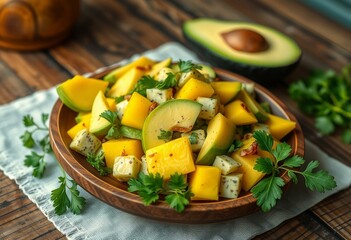 Mango-Avocado Salad on a wooden plate