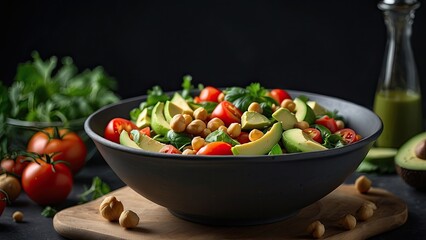 A person holds a large glass bowl filled with a colorful salad