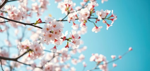 Obraz premium Soft-focus pastel cherry blossoms gently falling against a light blue sky, petals, visual, element