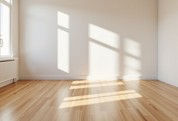 Obraz premium Minimalist interior with sunlit wooden flooring, serene ambiance