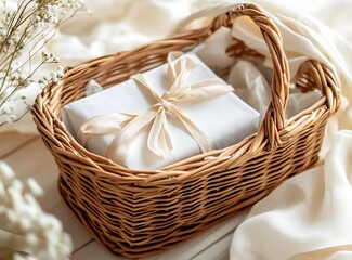 Elegant gift basket with wrapped gifts inside, isolated on a beige background