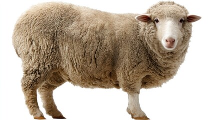 Standing Sheep with White Face and Tan Fleece on White Background