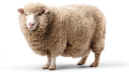 Standing Sheep with Fluffy Wool on a White Background Close Up