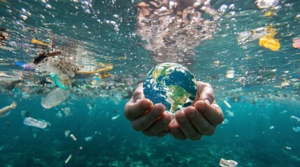 Holding Earth Globe in Polluted Ocean Underwater Environmental Concept