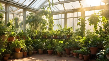 A lush greenhouse filled with various potted plants