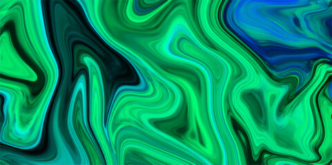 Obraz premium Green and blue Oil or Petrol liquid flow, liquid metal close-up, wide horizontal banner. Liquify Abstract Pattern with Black. Solid liquid waves. Acrylic painting with colorful shiny gradient Design.