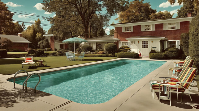 Ext&eacute;rieur d'une maison am&eacute;ricaine des ann&eacute;es 1970 avec piscine r&eacute;tro et jardin d'&eacute;t&eacute;