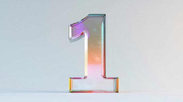透明ガラス数字1 カラフルなグラデーションライト背景付き3Dレンダリング