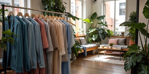 Naklejka premium Modern boutique interior with natural light, wooden hangers, cozy seating area, stylish garments, serene retail elegance