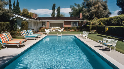 Ext&eacute;rieur d'une maison am&eacute;ricaine des ann&eacute;es 1970 avec piscine r&eacute;tro et jardin d'&eacute;t&eacute;