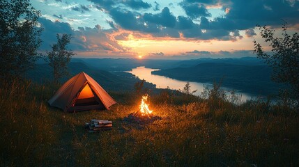 A peaceful camping scene with a tent and a campfire by a river during sunset, surrounded by lush greenery. The sky is filled with vibrant clouds.