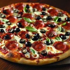 A close up shot of a pepperoni pizza with olives and basil leaves on top