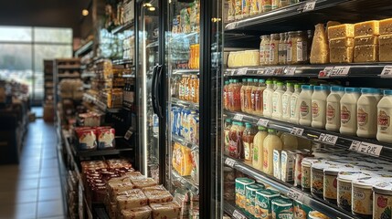 The image shows a well-stocked grocery store aisle filled with a variety of food products, including dairy, sauces, and snacks. Brightly lit ambiance creates a welcoming atmosphere.