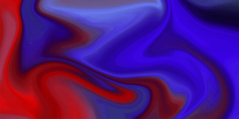 Blue and red Oil or Petrol liquid flow, liquid metal close-up, wide horizontal banner. Liquify Abstract Pattern with Black. Solid liquid waves. Acrylic painting with colorful shiny gradient Design.