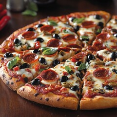 A pepperoni pizza with olives and basil on a wooden surface is displayed