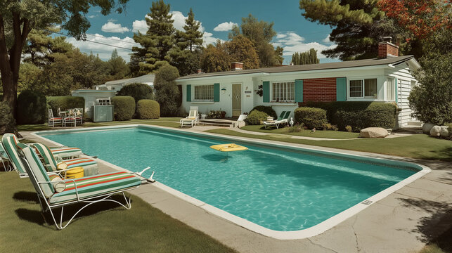 Ext&eacute;rieur d'une maison am&eacute;ricaine des ann&eacute;es 1970 avec piscine r&eacute;tro et jardin d'&eacute;t&eacute;