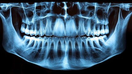 This image shows a dental X-ray highlighting the teeth and jaw structure of a mouth. The clarity reveals details important for dental assessments.