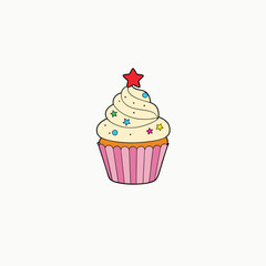 cupcake topped with cherry and colorful stars on creamy frosting on white background