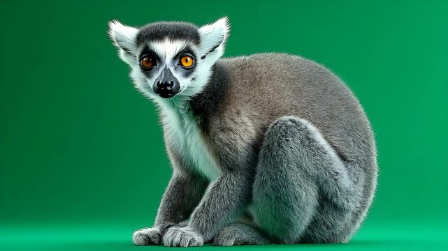 A close-up of a lemur sitting against a vibrant green background, showcasing its striking features