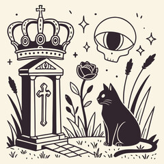 Gothic Halloween design elements for collage with photocopy halftone texture. Stippled grunge vintage effect on crown, statue, skeleton, eyes, cat, flower. Mystical surreal dotted vector illustration