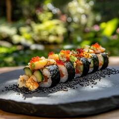 Close up of a sushi roll with salmon and cucumber on a black plate