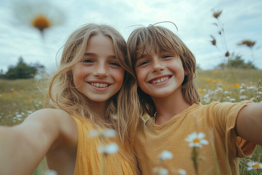Happy Siblings Taking Selfie in Summer Flower Field