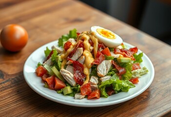 Photorealistic image of a delicious Cobb Salad on a white plate