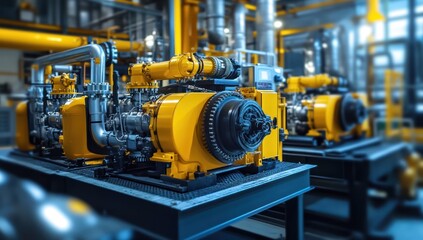 Yellow industrial machinery with pipes and metal structures in a factory setting.