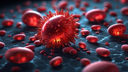 A 3D illustration depicting a large, translucent capsule filled with colorful pills, set against a blurred backdrop of microscopic virus particles and cells