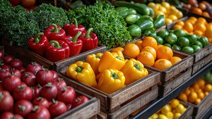 A vibrant display of fresh vegetables and fruits, featuring red and yellow bell peppers, tomatoes, cucumbers, and oranges in wooden crates.