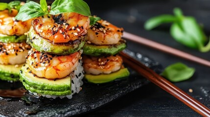 Sushi Stacks Delight: An overhead view showcases artistic sushi stacks. Each tower, featuring layers of avocado, rice and glazed shrimp, garnished with sesame seeds and fresh basil.