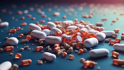 A 3D illustration depicting a large, translucent capsule filled with colorful pills, set against a blurred backdrop of microscopic virus particles and cells