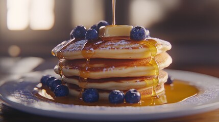 Stack of pancakes with blueberries and syrup being poured on top of it
