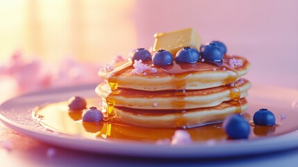 A stack of pancakes with blueberries and butter on a white plate