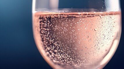 Close up of a wine glass filled with pink liquid and many tiny bubbles