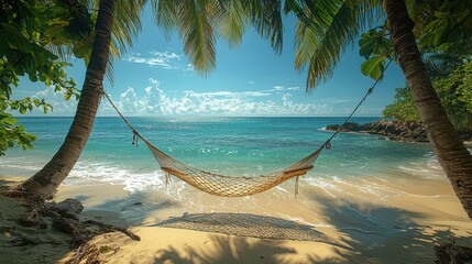 A tranquil beach scene with a hammock strung between palm trees, overlooking clear blue waters and a scenic coastline under a bright sky.