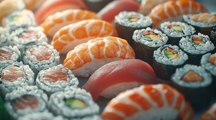 A close up view of assorted sushi rolls and nigiri on a dark surface