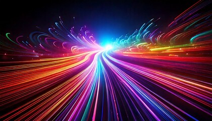 Digital light trails and colorful energy patterns swirl in motion, an explosion of neon colors and shapes, an abstract visual feast