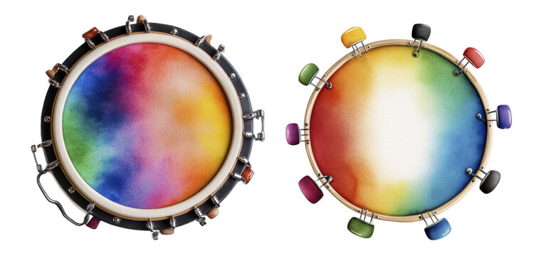 Colorful hand-drum design with vibrant watercolor patterns on surface, artistic musical instrument view