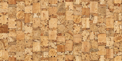 This natural cork surface displays a captivating pattern with varying shades of brown, highlighting the unique textures and grains of the material, commonly used for flooring and design