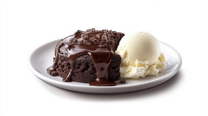 A delicious chocolate brownie with ice cream on a white round plate
