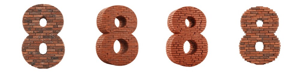 Set Of Number Eight '8' Made Of Wall Bricks isolated on transparent background, PNG 