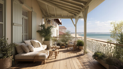 Fototapeta premium Terrasse ensoleillée avec vue panoramique sur l’océan dans une maison côtière de style Arcachon
