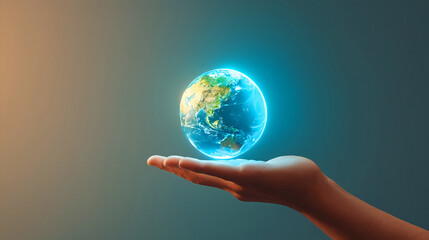 A person's hand gently cradles a glowing, vibrant Earth. The image evokes a sense of care and responsibility for our planet.