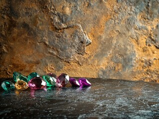 Obraz premium A collection of vibrant gemstones, various colors and cuts, displayed on a dark surface against a textured background.